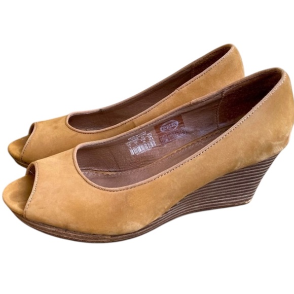 Women’s FOSSIL Suede Leather Peep Toe Wedges Size 8 - Picture 1 of 5
